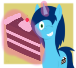 Size: 3024x2730 | Tagged: safe, artist:b-cacto, oc, oc only, oc:sweet cakes, pony, cake, cherry, food, high res, lineless, magic, one eye closed, perspective, solo, wink