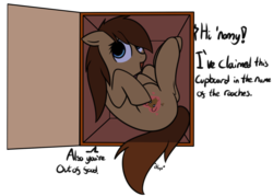Size: 1280x914 | Tagged: safe, artist:neuro, oc, oc only, oc:roachpony, earth pony, pony, cupboard, cute, dialogue, female, floppy ears, implied anon, looking at you, mare, open mouth, simple background, smiling, solo, stuck, transparent background