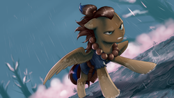 Size: 1280x720 | Tagged: safe, artist:supermare, oc, oc only, oc:playthrough, pony, akuma, clothes, commission, cosplay, costume, fighting stance, male, rain, serious, serious face, solo, spread wings, stallion, street fighter, street fighter v, teeth, tree, wet, wings