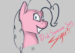 Size: 1023x731 | Tagged: safe, artist:aura dawn, pinkie pie, earth pony, pony, g4, bust, crazy face, creepy, creepy grin, dialogue, faic, female, food, gray background, grin, partial color, portrait, shrunken pupils, simple background, smiling, solo, sugar (food), sugar rush
