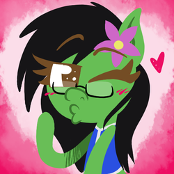 Size: 550x550 | Tagged: safe, artist:alittleofsomething, oc, oc only, oc:prickly pears, pony, blushing, flower in hair, glasses, lineless, one eye closed, smooch, solo, wink