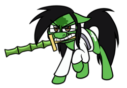 Size: 770x536 | Tagged: safe, artist:alittleofsomething, oc, oc only, oc:cactus needles, earth pony, pony, angry, bamboo, beard, facial hair, glasses, mole, moustache, simple background, solo, sword, weapon, white background, woofoo, yin yang yo!