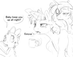Size: 1280x989 | Tagged: safe, artist:silfoe, princess luna, spike, twilight sparkle, alicorn, dragon, pony, other royal book, g4, black and white, coffee, coffee mug, dialogue, female, grayscale, lesbian, male, mare, messy mane, monochrome, morning ponies, ship:twiluna, shipping, simple background, speech bubble, tired, twilight sparkle (alicorn), white background
