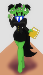 Size: 1517x2667 | Tagged: safe, artist:b-cacto, artist:vladiverse, oc, oc only, oc:prickly pears, earth pony, anthro, unguligrade anthro, anthro oc, bedroom eyes, big breasts, breasts, business suit, coffee mug, conjoined, conjoined triplets, curvy, documents, female, file, flower in hair, glasses, hips, hourglass figure, multiple heads, solo, three heads, wide hips
