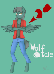 Size: 2777x3766 | Tagged: safe, artist:wolfy-pony, oc, oc only, oc:duskwing, pegasus, anthro, unguligrade anthro, clothes, crossed arms, high res, looking at you, male, pants, shirt, signature, simple background, smiling, solo