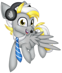 Size: 3745x4375 | Tagged: safe, artist:partypievt, oc, oc only, oc:silver eagle, pony, absurd resolution, accessory, adorable face, clothes, cute, flying, headset, looking at you, microphone, necktie, open mouth, simple background, smiling, solo, transparent background