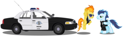 Size: 5504x1888 | Tagged: safe, artist:artistbrony, soarin', spitfire, pony, g4, car, clothes, crown victoria, ford, high res, police, police car, police uniform, simple background, sunglasses, white background