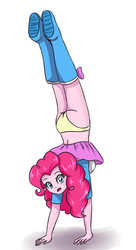 Size: 1889x3472 | Tagged: safe, artist:sumin6301, pinkie pie, human, equestria girls, g4, accidental exposure, ass, backbend, boots, breasts, butt, clothes, female, handstand, high heel boots, looking at you, open mouth, panties, panty shot, simple background, skirt, skirt flip, skirt lift, solo, underwear, upside down, white background, yellow underwear