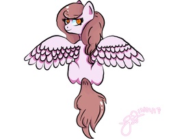 Size: 1600x1299 | Tagged: safe, artist:cysd16, oc, oc only, oc:pink pearl, pegasus, pony, brown mane, daughter, looking at you, looking back, looking back at you, model, orange eyes, pearl, pink coat, simple background, sister, sitting, smiling, solo, wavy, white background
