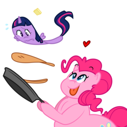 Size: 6667x6667 | Tagged: safe, artist:secretgoombaman12345, artist:worstsousaphonehorse, edit, pinkie pie, twilight sparkle, alicorn, food pony, original species, pony, castle sweet castle, g4, absurd resolution, fat, flattened, food, food transformation, heart, i'm pancake, inanimate tf, literal, pancakes, pudgy pie, simple background, smiling, sweat, sweatdrops, tongue out, transformation, twicake, twicakes, twilight sparkle (alicorn), vector, white background