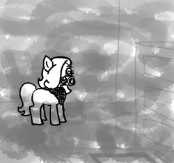 Size: 640x600 | Tagged: safe, artist:ficficponyfic, oc, oc only, oc:emerald jewel, pony, colt quest, amulet, bandana, blank flank, child, colt, cyoa, desk, foal, gas, hair over one eye, ledger, male, monochrome, smoke, solo, story included