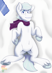 Size: 5000x7000 | Tagged: dead source, safe, artist:php37, double diamond, pony, g4, absurd resolution, belly, clothes, lying down, male, on back, scarf, snow, solo, stallion, unshorn fetlocks