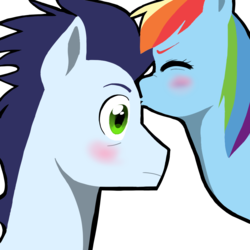 Size: 1000x1000 | Tagged: safe, artist:drawonly, rainbow dash, soarin', pony, g4, blushing, forehead kiss, kissing, male, ship:soarindash, shipping, straight