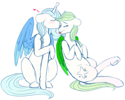 Size: 1500x1200 | Tagged: safe, artist:cinnamonsparx, oc, oc only, alicorn, pegasus, pony, antenna, blushing, eyes closed, kissing, simple background, tongue out, transparent background