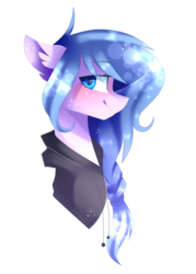 Size: 1447x2023 | Tagged: safe, artist:huirou, oc, oc only, oc:claris, earth pony, pony, bust, clothes, hoodie, portrait, simple background, solo, transparent background