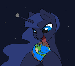 Size: 2000x1769 | Tagged: safe, artist:wolfenstyle, princess luna, alicorn, pony, g4, destruction, earth, edible heavenly object, female, giant pony, licking, macro, moon, pony bigger than a planet, solo, space, tongue out, xk-class end-of-the-world scenario