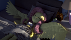 Size: 1920x1080 | Tagged: safe, artist:efk-san, fluttershy, equestria girls, g4, 3d, alarm clock, beautiful, bed, clock, female, lamp, sleeping, solo, spread wings, wings