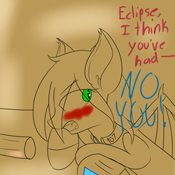 Size: 1500x1500 | Tagged: safe, artist:eclipsepenumbra, oc, oc only, oc:eclipse penumbra, bat pony, pony, fallout equestria, blushing, clothes, dialogue, drunk, jumpsuit, no you, offscreen character, pipbuck, sketch, vault suit