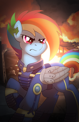 Size: 1000x1533 | Tagged: safe, artist:drawponies, rainbow dash, pony, g4, the cutie re-mark, alternate timeline, apocalypse dash, clothes, crystal war timeline, female, prosthetic limb, prosthetics, raised hoof, solo, torn ear