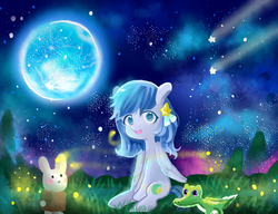 Size: 1300x1000 | Tagged: artist needed, safe, gummy, oc, oc only, firefly (insect), pegasus, pony, rabbit, g4, animal, blue moon, cute, female, mare, moon, night, pegasus oc, shooting star, sitting