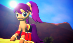 Size: 1280x768 | Tagged: safe, artist:zyntron, genie, pony, 3d, bracelet, clothes, ear piercing, earring, jewelry, looking at you, open mouth, piercing, ponified, ponytail, sand, shantae, shantae (character), shorts, smiling, solo, source filmmaker, sun