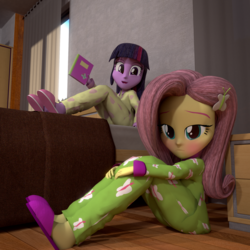 Size: 1920x1920 | Tagged: safe, artist:efk-san, fluttershy, twilight sparkle, equestria girls, g4, 3d, blushing, book, clothes, pajamas, sad, sitting, slippers, slumber party