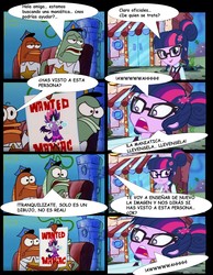 Size: 1620x2085 | Tagged: safe, artist:danielitamlp, edit, edited screencap, screencap, sci-twi, twilight sparkle, equestria girls, g4, my little pony equestria girls: friendship games, chibi, comic, cute, dialogue, hall monitor, midnight sparkle, midnightabetes, sci-twi's nightmare, spanish, spongebob squarepants, translated in the comments, wanted poster