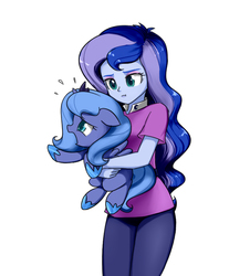 Size: 629x760 | Tagged: safe, artist:twilite-sparkleplz, princess luna, vice principal luna, alicorn, human, pony, equestria girls, g4, clothes, crying, cute, female, filly, holding a pony, human ponidox, lunabetes, open mouth, pants, self ponidox, simple background, twilite-sparkleplz is trying to murder us, weapons-grade cute, white background, woona, younger