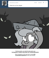 Size: 666x795 | Tagged: safe, artist:egophiliac, princess luna, oc, oc:pebbl, changeling, moonstuck, g4, cartographer's cap, cartographer's hastily-improvised roc-holding mechanism, filly, grayscale, hat, hiding, marauder's mantle, monochrome, moon roc, scared, woona, younger