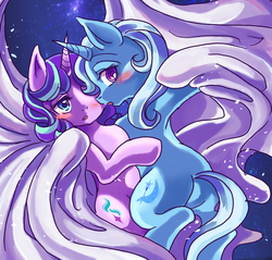 Size: 950x910 | Tagged: safe, artist:tsukuda, starlight glimmer, trixie, pony, unicorn, g4, blanket, blushing, butt, female, hug, imminent kissing, lesbian, missing accessory, plot, ship:startrix, shipping