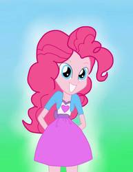 Size: 786x1017 | Tagged: safe, artist:pisic2003, pinkie pie, equestria girls, g4, clothes, cute, diapinkes, female, gradient background, grin, hands behind back, happy, jpg artifacts, moe, skirt, smiling, solo