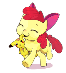 Size: 600x667 | Tagged: safe, artist:skittleses, apple bloom, earth pony, pikachu, pony, g4, adorabloom, crossover, cute, eyes closed, female, ikue otani, mouth hold, pikabloom, plushie, pokémon, simple background, solo, voice actor joke, white background