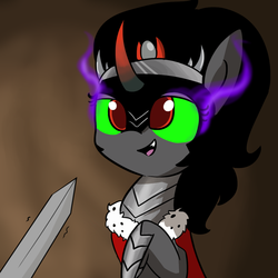 Size: 1080x1080 | Tagged: safe, artist:tjpones edits, edit, editor:dsp2003, king sombra, g4, offscreen character, open mouth, queen umbra, rule 63, shaking, smiling, solo focus, sword, textless, trembling, unimpressed, weapon