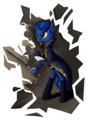 Size: 2893x4092 | Tagged: safe, artist:koshakevich, princess luna, pony, g4, clothes, crossover, dishonored, emily kaldwin, female, high res, hoof hold, solo, sword, weapon