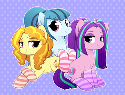 Size: 2800x2130 | Tagged: safe, artist:moozua, adagio dazzle, aria blaze, sonata dusk, earth pony, pony, equestria girls, g4, abstract background, clothes, cute, earth pony adagio dazzle, earth pony aria blaze, earth pony sonata dusk, equestria girls ponified, female, high res, lavender background, lidded eyes, looking at you, mare, patterned background, ponified, simple background, sitting, smiling, socks, striped socks, the dazzlings, trio, trio female