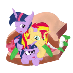 Size: 2000x2000 | Tagged: safe, artist:yinglung, sci-twi, sunset shimmer, twilight sparkle, pony, unicorn, equestria girls, g4, blt, equestria girls ponified, food, glasses, high res, ponies in food, ponified, sandwich, simple background, sunset shimmer dressing up as food, transparent background, trio, twilight sparkle (alicorn), twolight, unicorn sci-twi