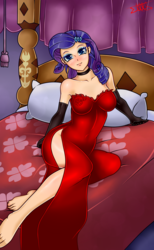 Size: 1200x1944 | Tagged: safe, artist:eliozdherion, rarity, human, g4, barefoot, beautisexy, bed, clothes, dress, feet, female, humanized, looking at you, sexy, side slit, solo