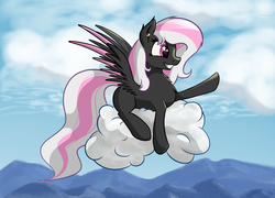 Size: 1500x1080 | Tagged: safe, artist:marmorexx, oc, oc only, oc:minnie, pegasus, pony, chest fluff, cloud, colored wings, ear fluff, ear piercing, female, mare, multicolored wings, on a cloud, piercing, raised hoof, sky, smiling, solo, spread wings, starry eyes, wingding eyes