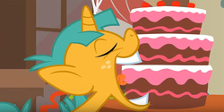 Size: 1000x500 | Tagged: safe, screencap, snails, pony, unicorn, call of the cutie, g4, cake, colt, food, great moments in animation, male, solo