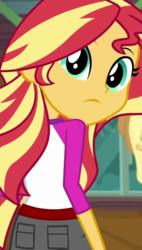 Size: 410x720 | Tagged: safe, screencap, applejack, sunset shimmer, equestria girls, g4, my little pony equestria girls: legend of everfree, cropped