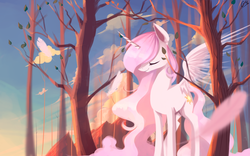 Size: 2560x1600 | Tagged: dead source, safe, artist:gianghanz, princess celestia, pony, cewestia, cloud, digital art, eyes closed, female, filly, missing accessory, pink mane, pink-mane celestia, smiling, solo, spring, tree, young celestia, younger