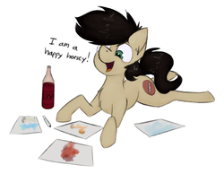 Size: 1908x1478 | Tagged: safe, artist:marsminer, oc, oc only, oc:keith, earth pony, pony, bottle, captain obvious, chest fluff, cute, drawing, ear fluff, fluffy, happy, horsey, male, open mouth, pen, prone, simple background, smiling, soda, solo, stallion, white background