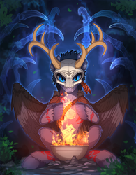 Size: 1630x2095 | Tagged: safe, artist:yakovlev-vad, oc, oc only, pegasus, pony, antlers, blue eyes, bodypaint, bone, conjuring, feather, fire, fireplace, helmet, looking at you, magic, male, patreon reward, shaman, sitting, skull, skull helmet, solo, spirit, spread wings, stallion