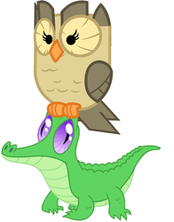 Size: 836x1067 | Tagged: safe, artist:red4567, gummy, owlowiscious, alligator, owl, g4, cute, duo, perch, pets riding pets, rider, riding, simple background, sitting on head, white background