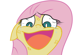 Size: 1087x790 | Tagged: dead source, safe, artist:loreto-arts, artist:php47, fluttershy, pegasus, pony, g4, color, cross-popping veins, crying, female, insanity, mare, open mouth, open smile, simple background, slasher smile, smiling, solo, transparent background, yandere