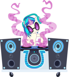 Size: 6643x6526 | Tagged: safe, artist:pink1ejack, dj pon-3, vinyl scratch, pony, unicorn, g4, absurd resolution, bipedal, fan series, female, glowing horn, guardians of harmony, headphones, hooves, horn, magic, mare, music notes, simple background, smiling, solo, speaker, sunglasses, teeth, that was fast, toy, toy interpretation, transparent background, vector