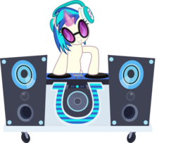 Size: 6643x5386 | Tagged: dead source, safe, artist:pink1ejack, dj pon-3, vinyl scratch, pony, unicorn, g4, absurd resolution, bipedal, fan series, female, glowing horn, guardians of harmony, headphones, hooves, horn, magic, mare, music notes, simple background, smiling, solo, speaker, sunglasses, teeth, toy, toy interpretation, transparent background, vector
