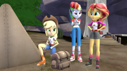 Size: 2560x1440 | Tagged: safe, artist:cjwong34, applejack, rainbow dash, sunset shimmer, equestria girls, g4, my little pony equestria girls: legend of everfree, 3d, backpack, boots, clothes, cowboy hat, hat, open mouth, pants, scenery, shoes, shorts, sneakers, tent