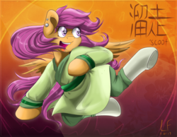 Size: 1800x1400 | Tagged: safe, artist:redheadfly, scootaloo, pony, g4, chinese, clothes, crossover, disney, female, kick, kicking, kung fu, martial arts, mulan, older, open mouth, solo