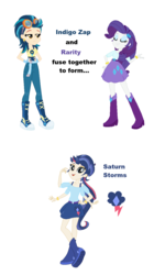 Size: 765x1367 | Tagged: safe, artist:berrypunchrules, indigo zap, rarity, oc, oc:saturn storms, equestria girls, g4, boots, bracelet, clothes, fusion, fusion:indigo zap, fusion:rarity, fusion:rarizap, high heel boots, jewelry, multiple arms, ponytail, skirt